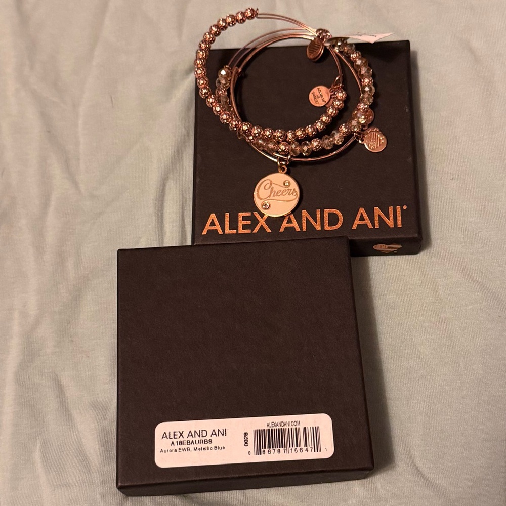 NEW SET Alex and Ani Cheers Charm Bracelet Rose Gold GIFT BOX CHAMPAGNE BEAD NWT - Picture 10 of 12